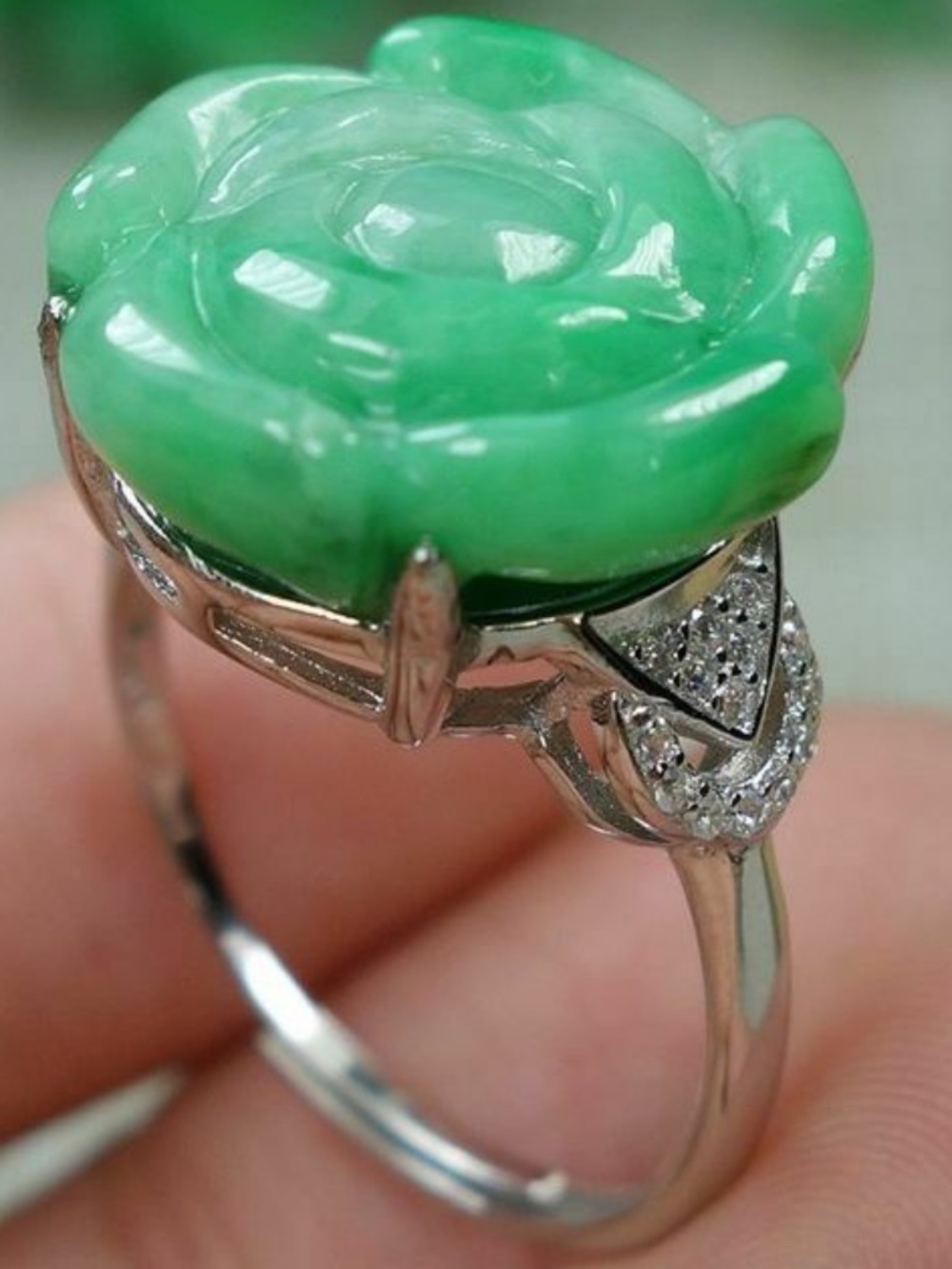 Certified Green 100% Natural A jadeite jade Rose Flower Ring(Free size)